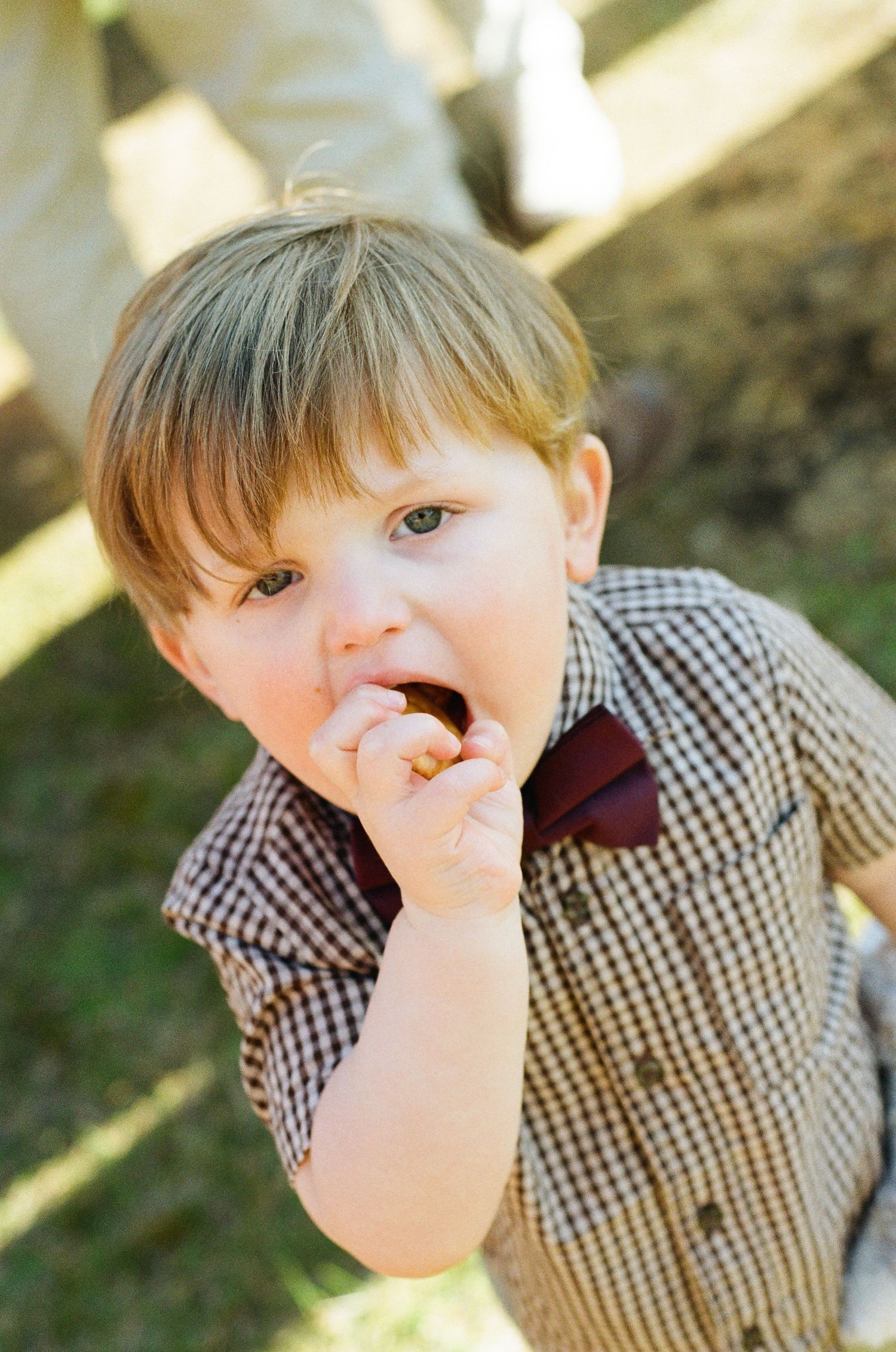 Adorable toddler boy in checkered shirt and red bow tie eating a snack outdoors.