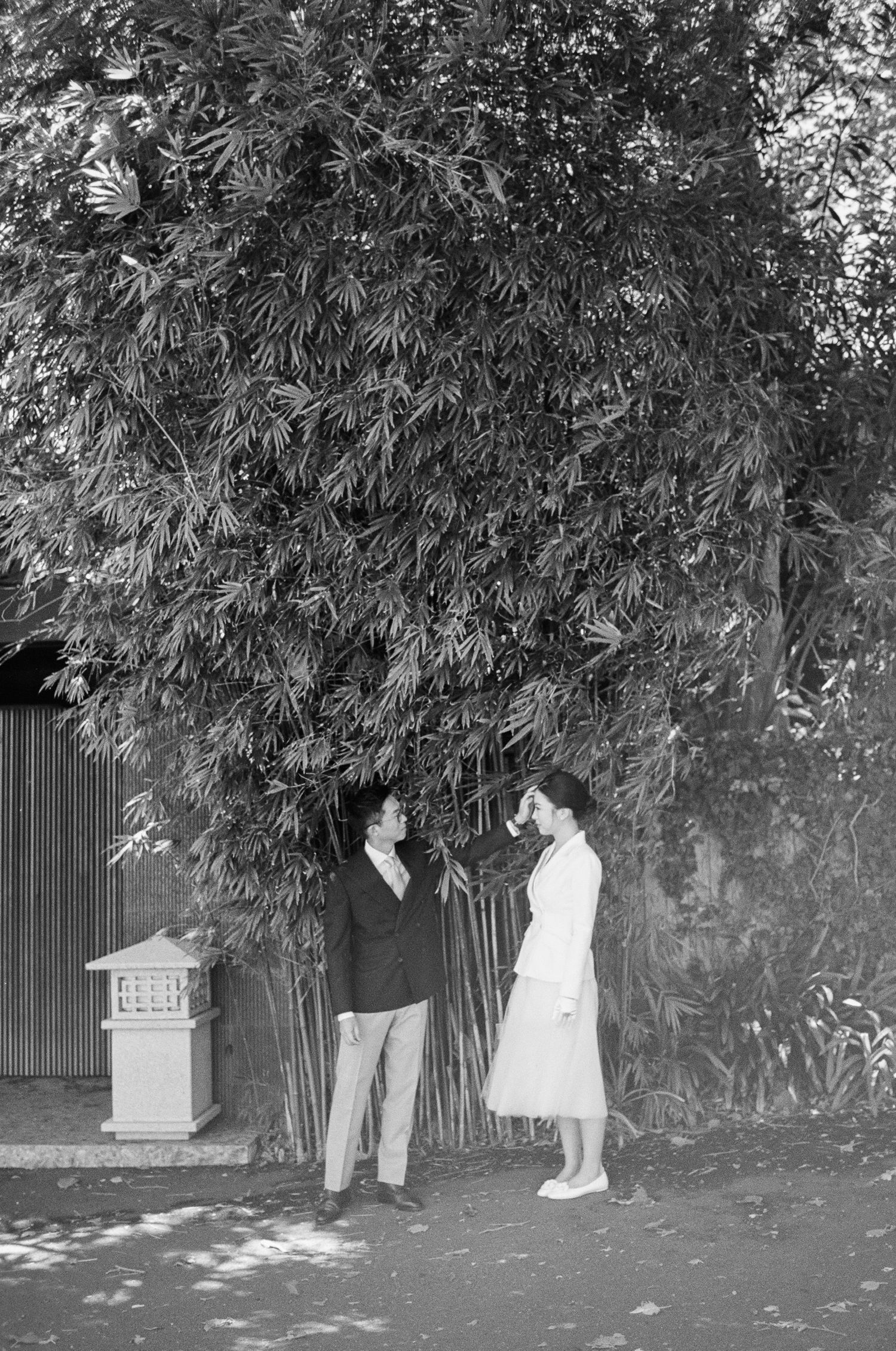 Black and white photo of a couple standing close beneath a large bamboo grove beside a stone lantern on a sunlit path.
