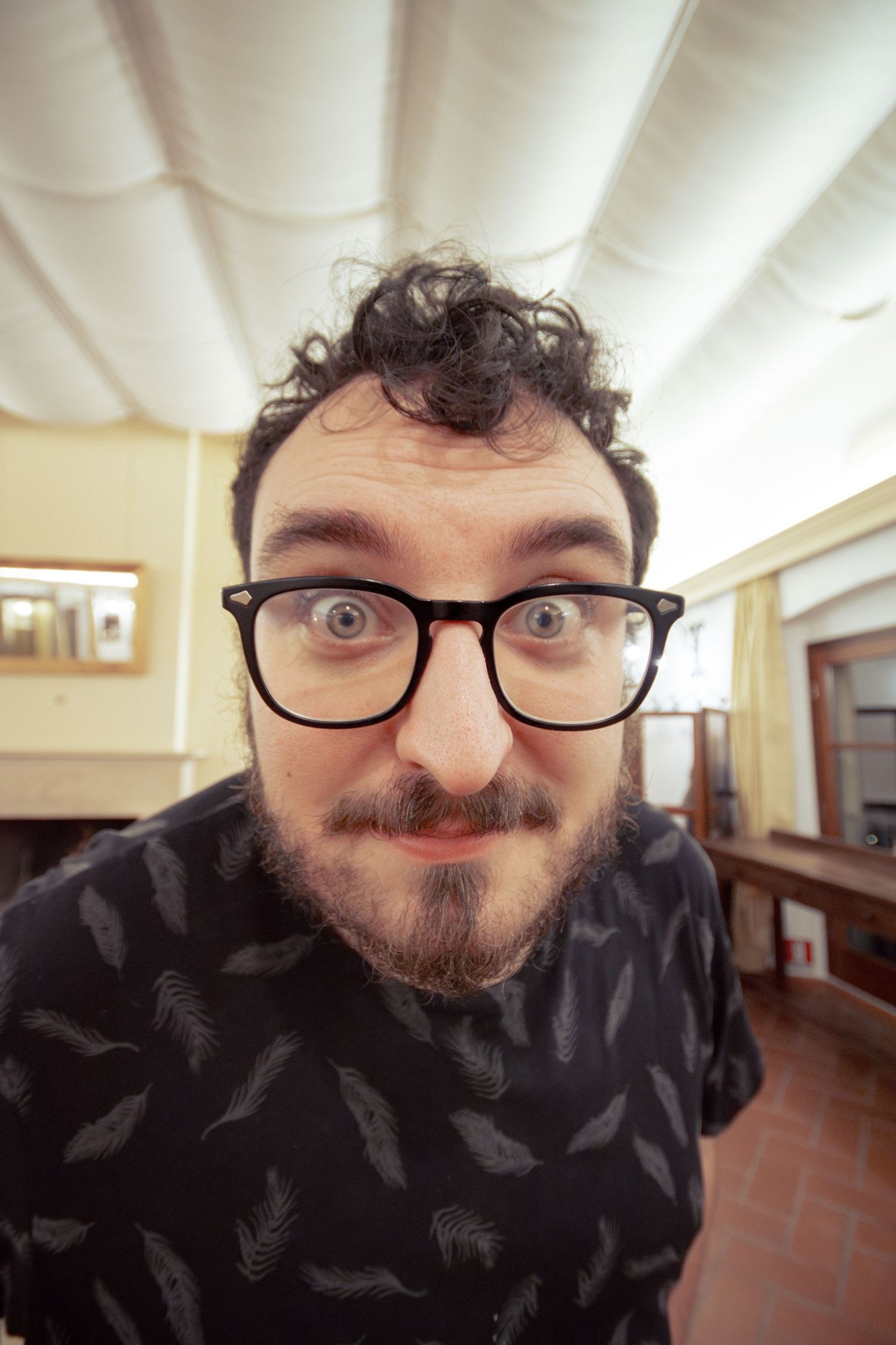 Man with curly hair, black glasses, and beard making a surprised face indoors, wearing a feather-print shirt.