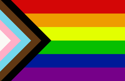 Progress Pride Flag featuring rainbow stripes with chevron of black, brown, and transgender colors representing LGBTQ+ inclusivity.