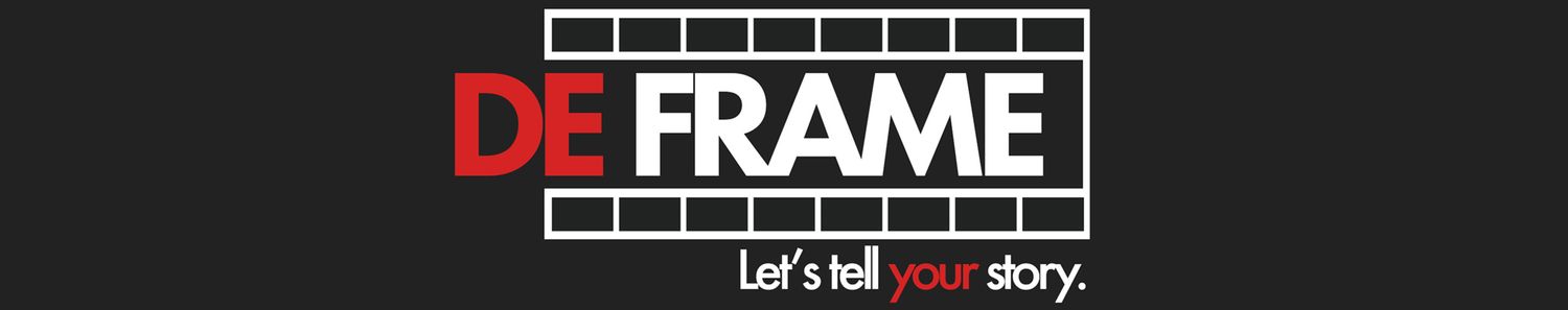 De Frame logo on dark background with film strip design and tagline Let's tell your story.