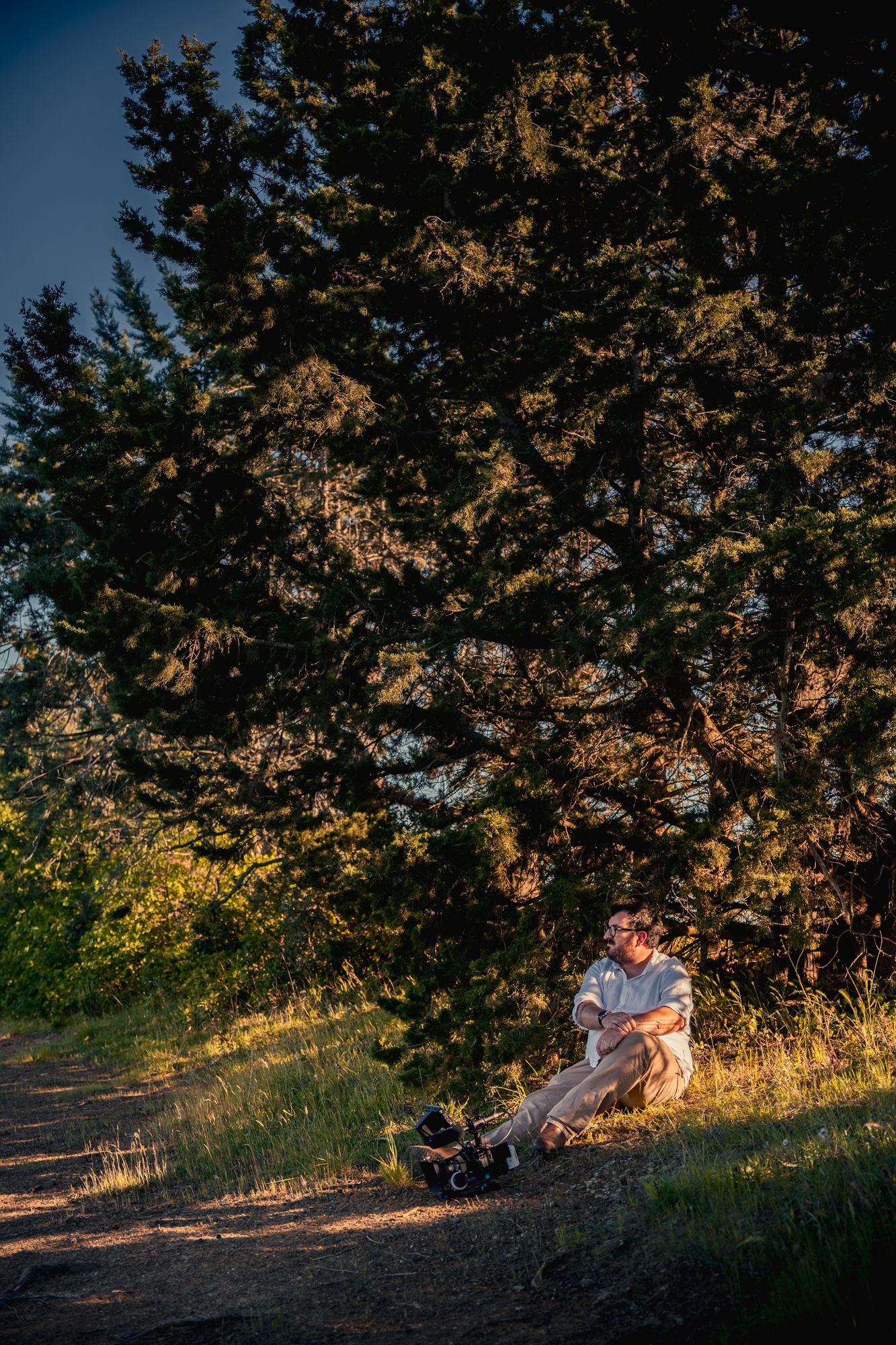 Couple sitting together under large pine tree at sunset on a scenic dirt trail.