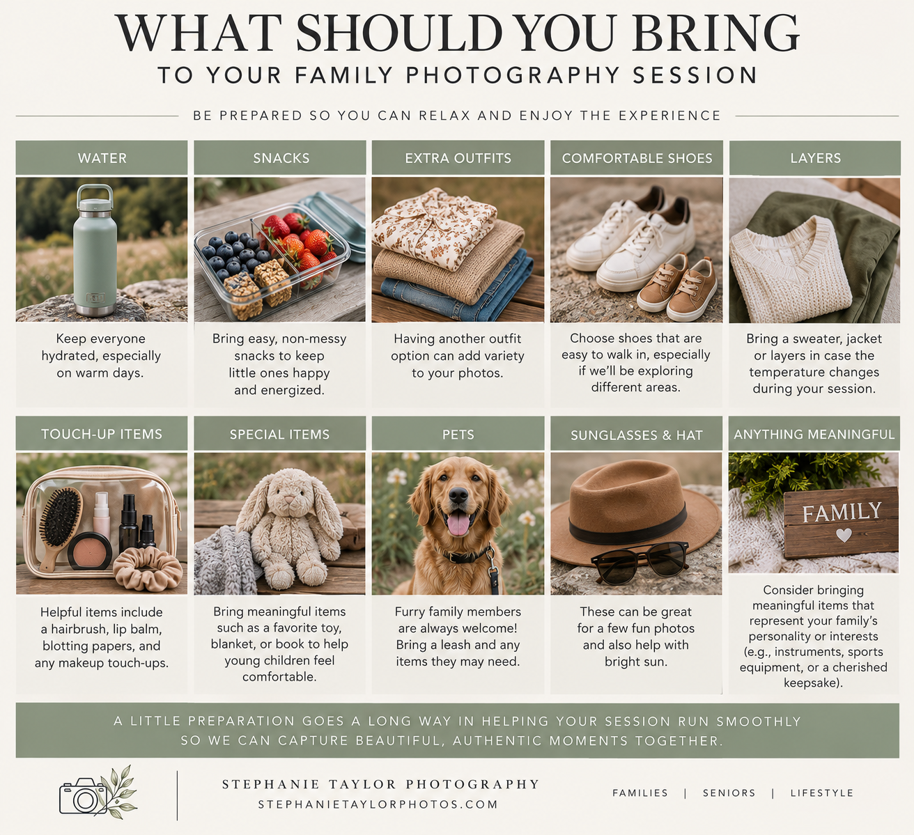 Infographic guide on what to bring to a family photography session, featuring tips on water, snacks, outfits, and pets.