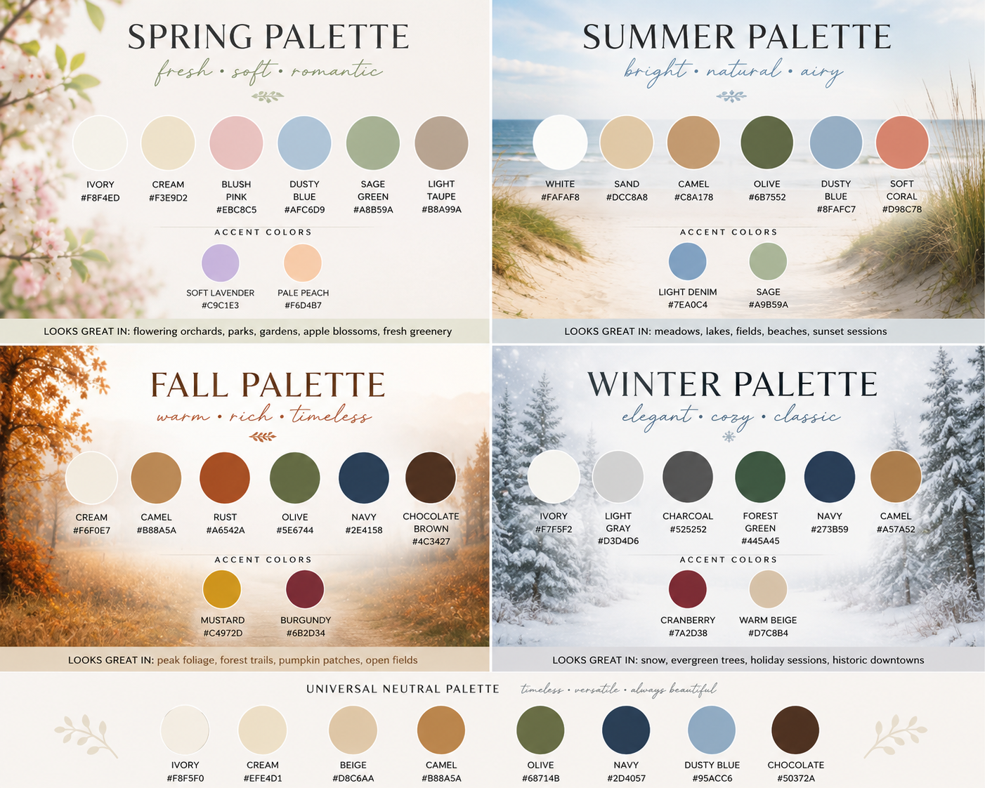 Seasonal color palettes guide showing spring, summer, fall, and winter swatches with hex codes and neutral tones.