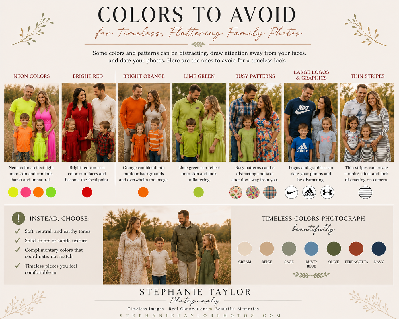 Family photo color guide showing outfits to avoid and timeless clothing choices for flattering professional photography sessions.