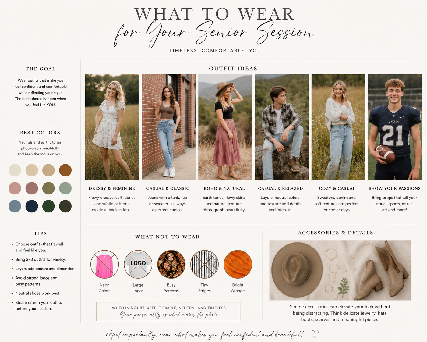 Senior session outfit guide showing timeless, comfortable style tips, color palettes, and photo examples for teens.