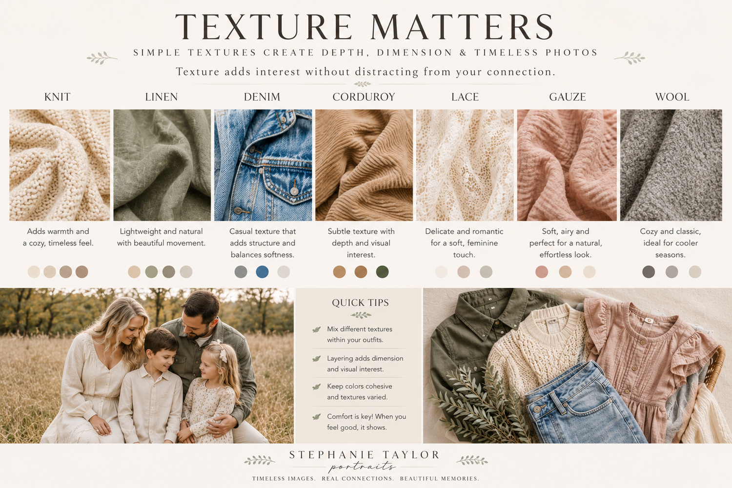 Educational guide showing fabric textures including knit, linen, denim, corduroy, lace, gauze, and wool for timeless portrait photography.