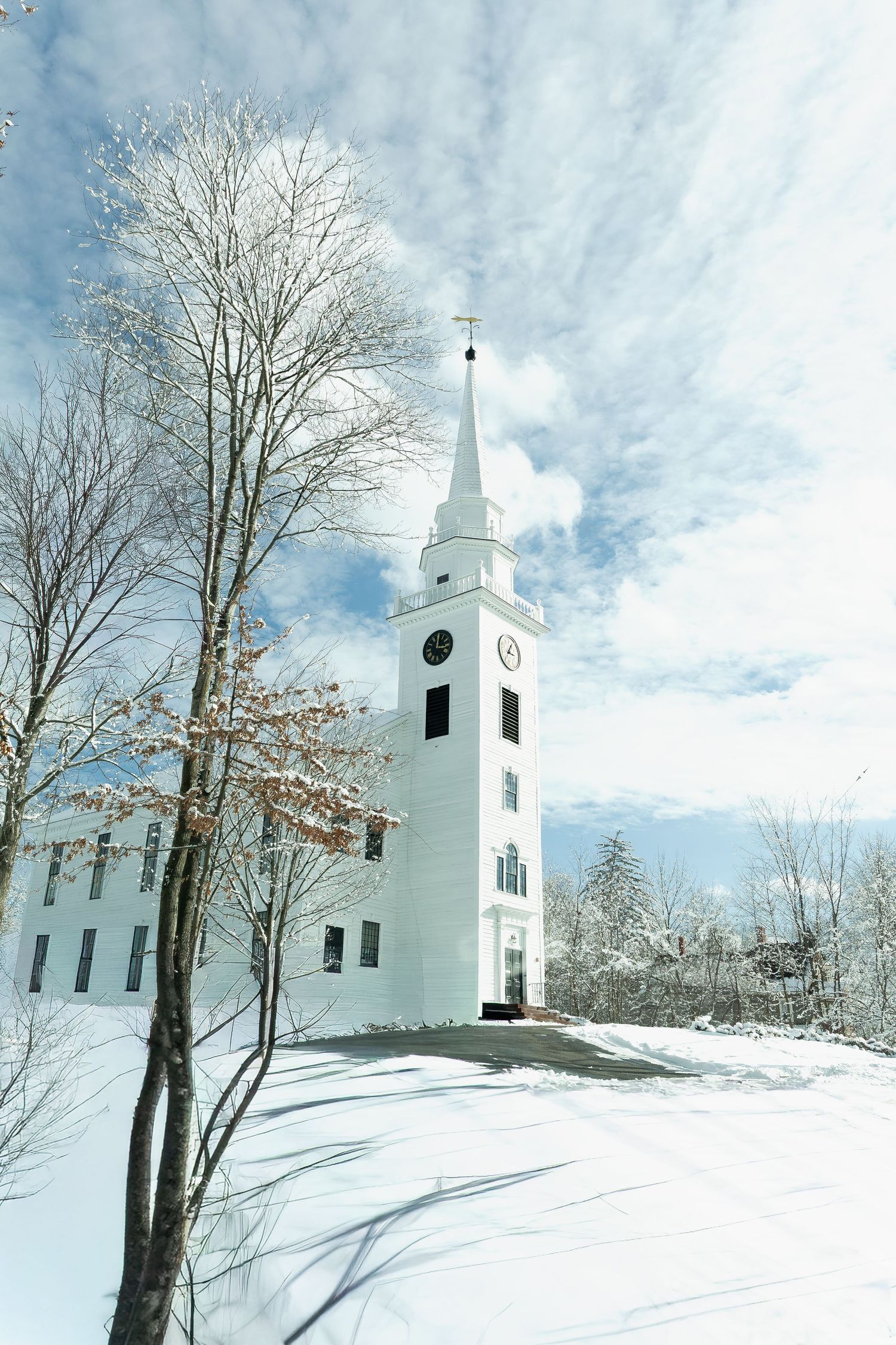 White church steeple with clock tower surrounded by snow-covered trees under a bright winter sky.