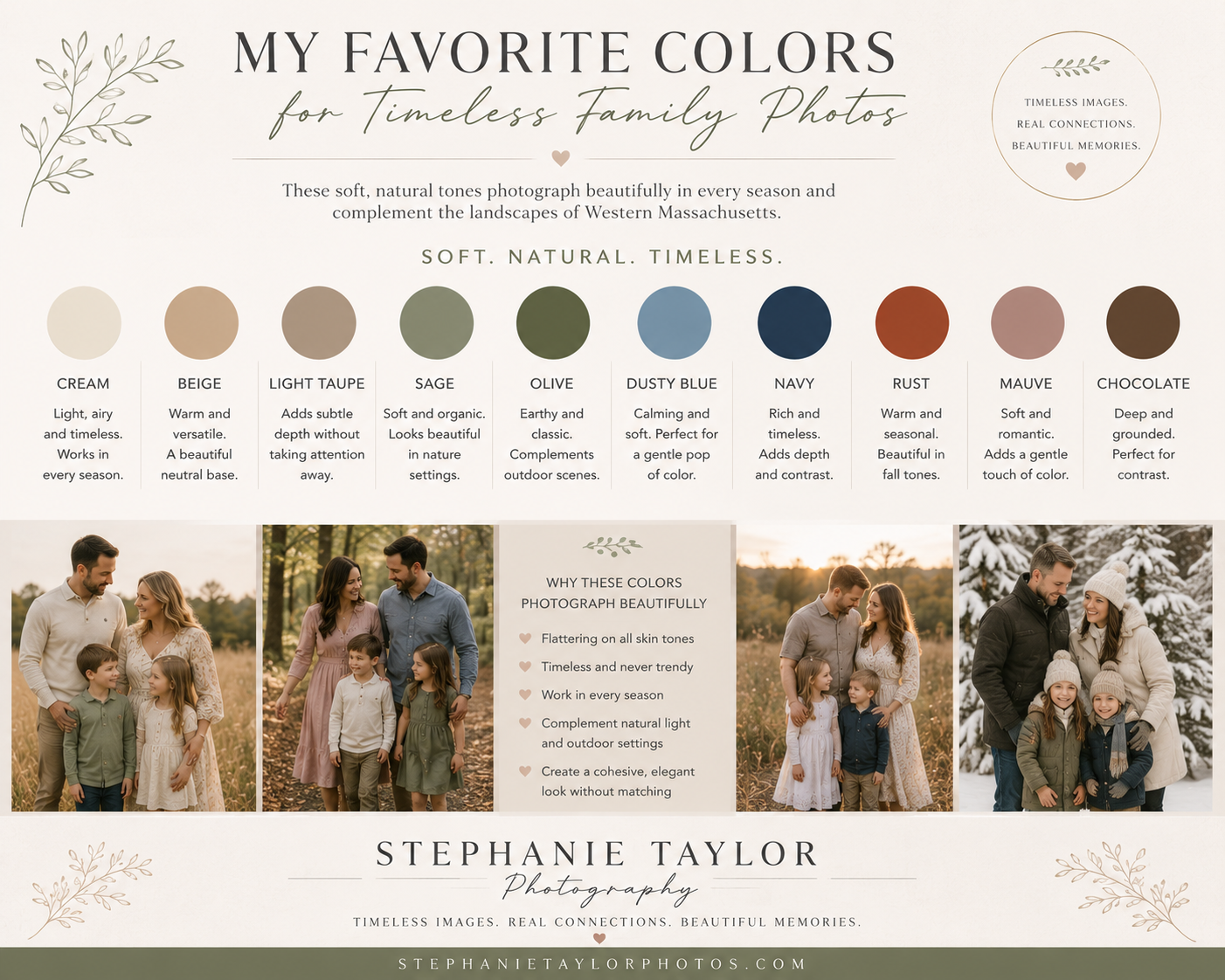Color guide for timeless family photos featuring soft natural tones by Stephanie Taylor Photography in Western Massachusetts.