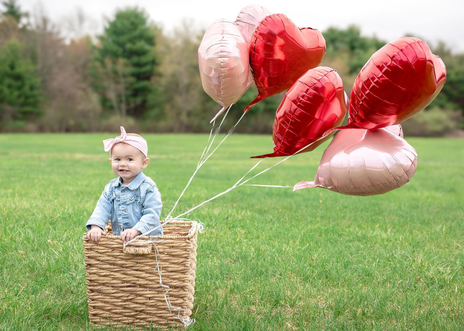 Baby in a wicker basket holding heart-shaped red and pink foil balloons in a green grassy field.