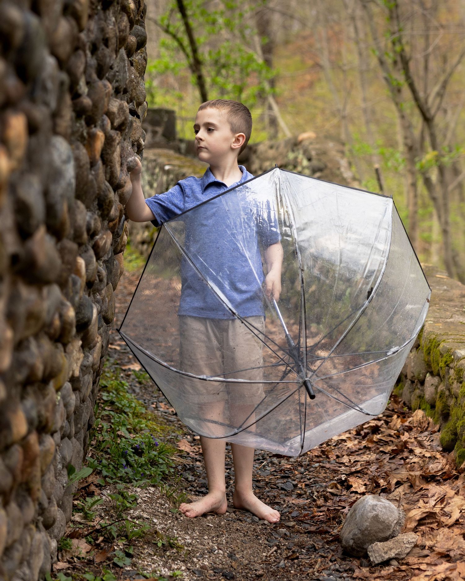 A barefoot boy holds a clear transparent umbrella on a forest stone path surrounded by green foliage.