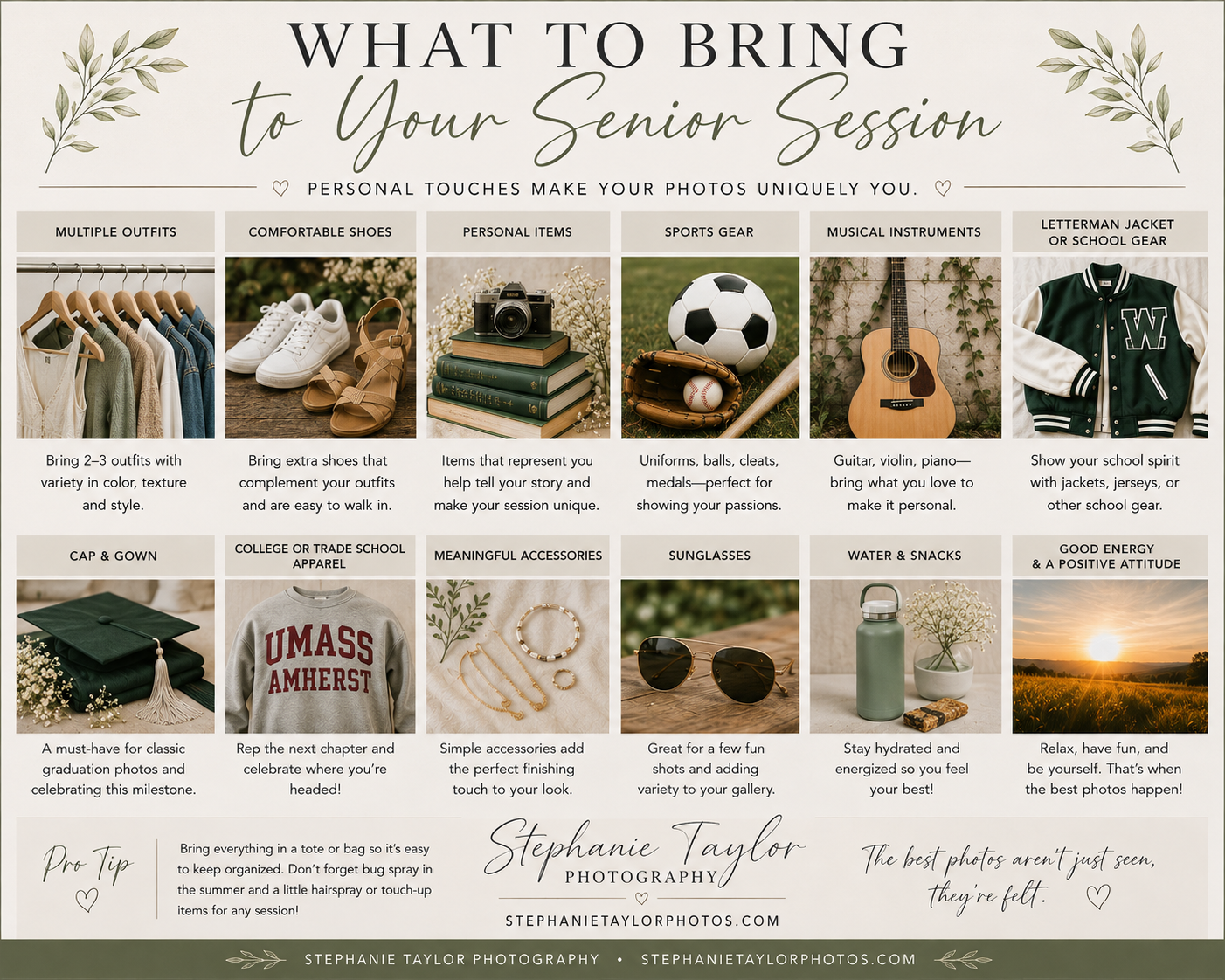 A senior photography session guide showing items to bring, including jackets, shoes, accessories, and sports gear, by Stephanie Taylor Photo