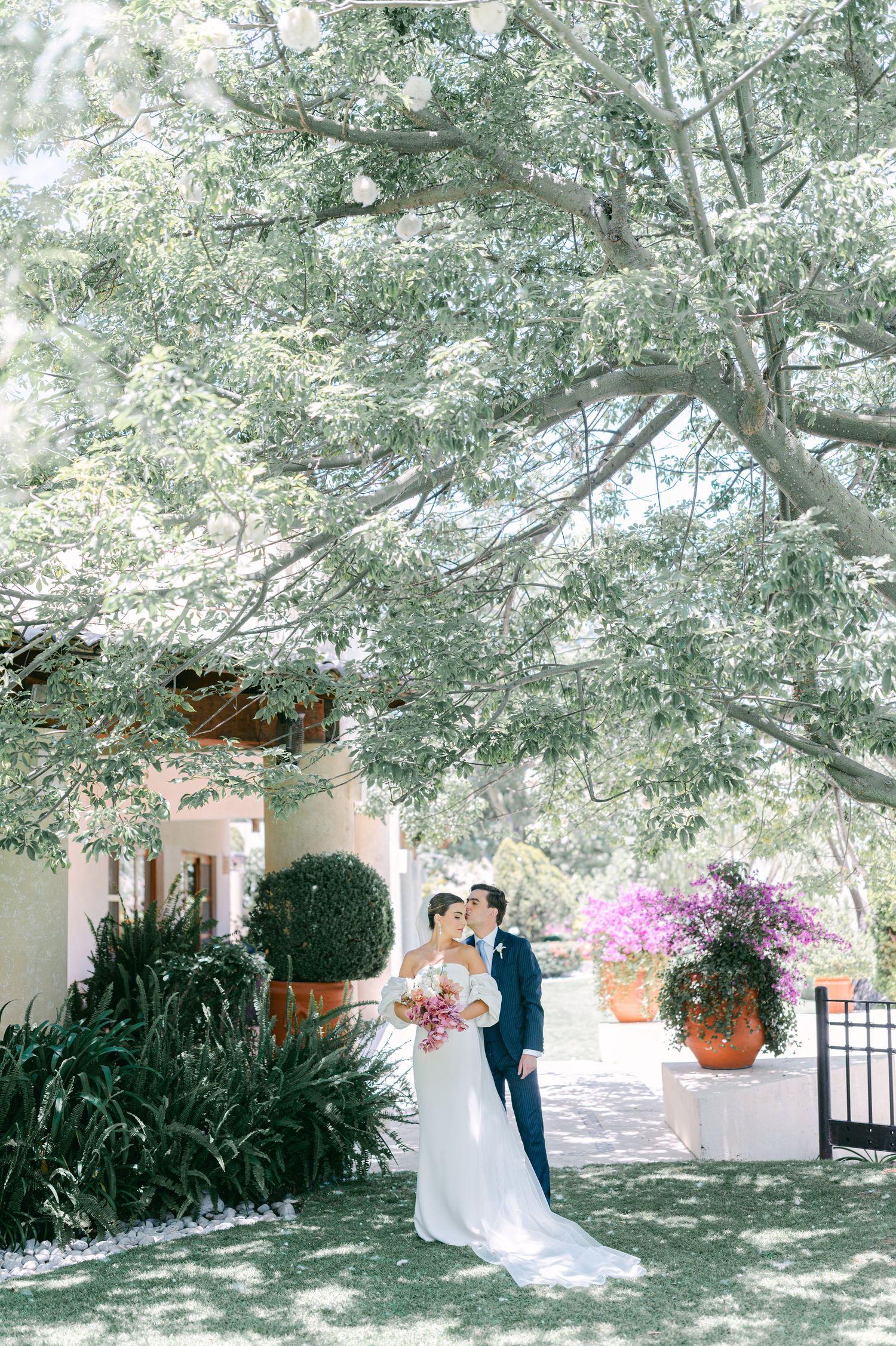 Bride and groom kissing under large tree with pink bougainvillea blooms at elegant outdoor wedding venue.