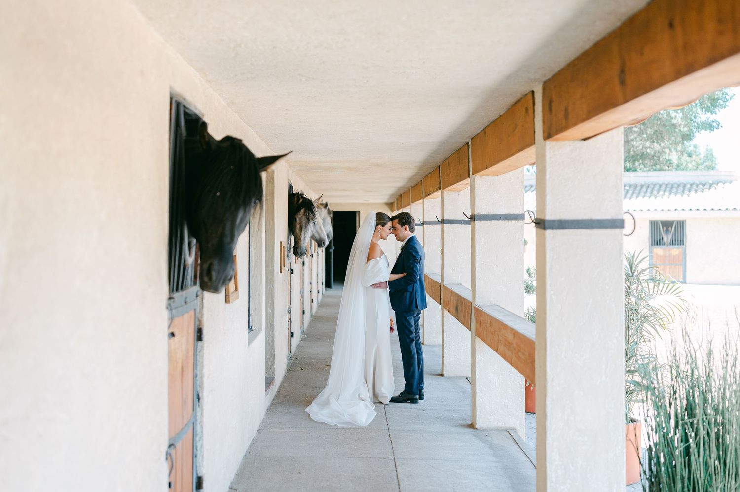 Bride and groom share tender embrace along stable corridor with horses in their stalls.