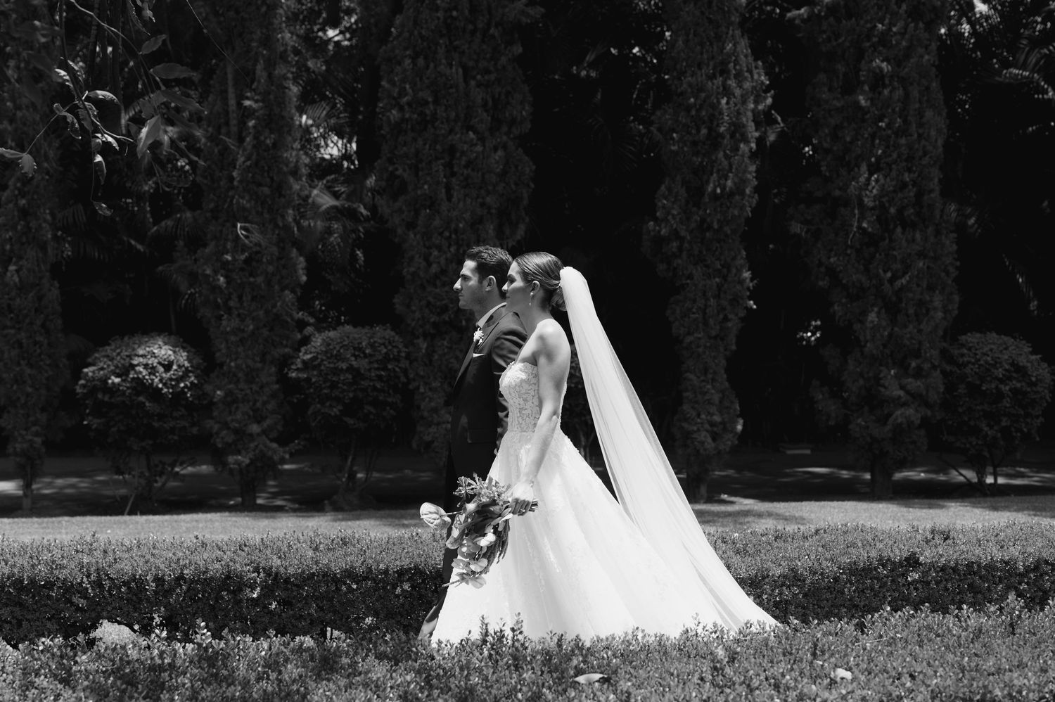 Black and white photo of bride and groom walking through manicured garden with tall cypress trees.