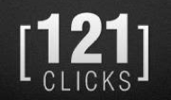 121 Clicks photography logo with bold white text on dark background.