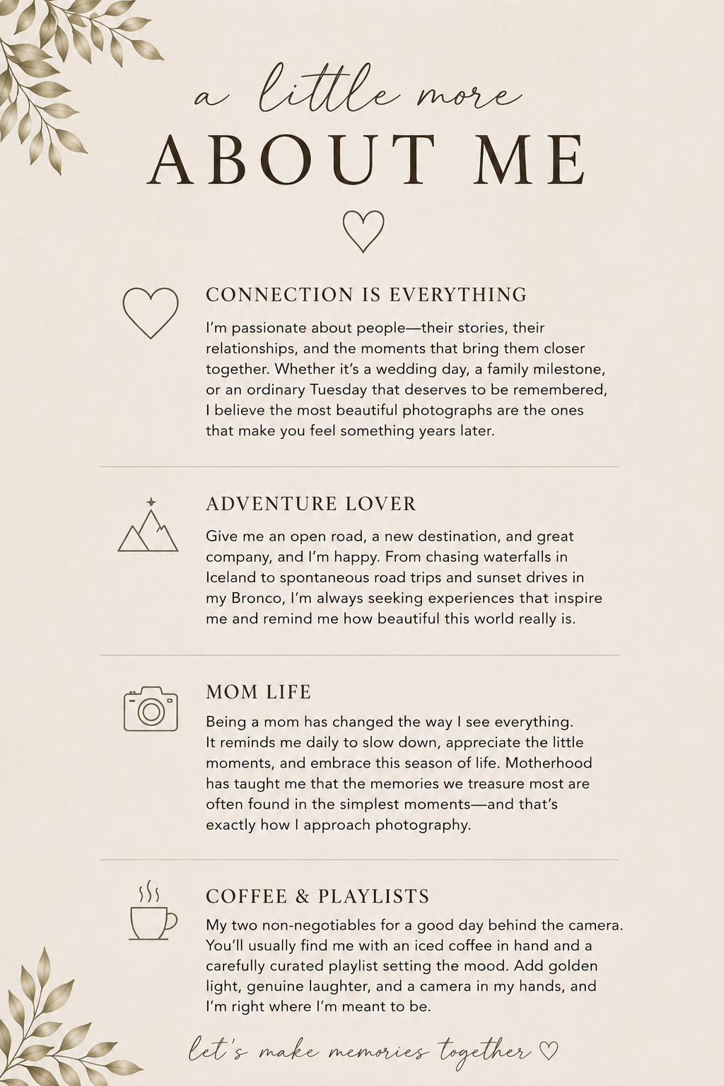 Beige photographer about me card with botanical accents featuring sections on connection, adventure, mom life, and coffee playlists.