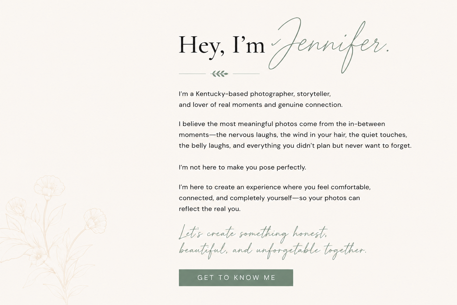 Jennifer's photography portfolio website featuring elegant script fonts, botanical accents, and a teal call-to-action button.