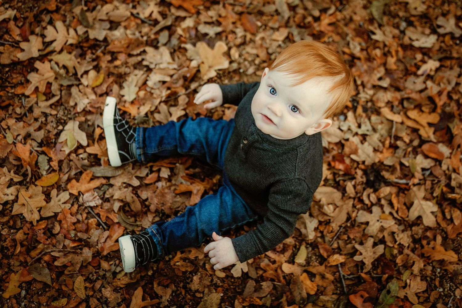A small child with red hair and blue eyes in blue jeans and dark sweater sitting on autumn leaves in Colleyville, TX