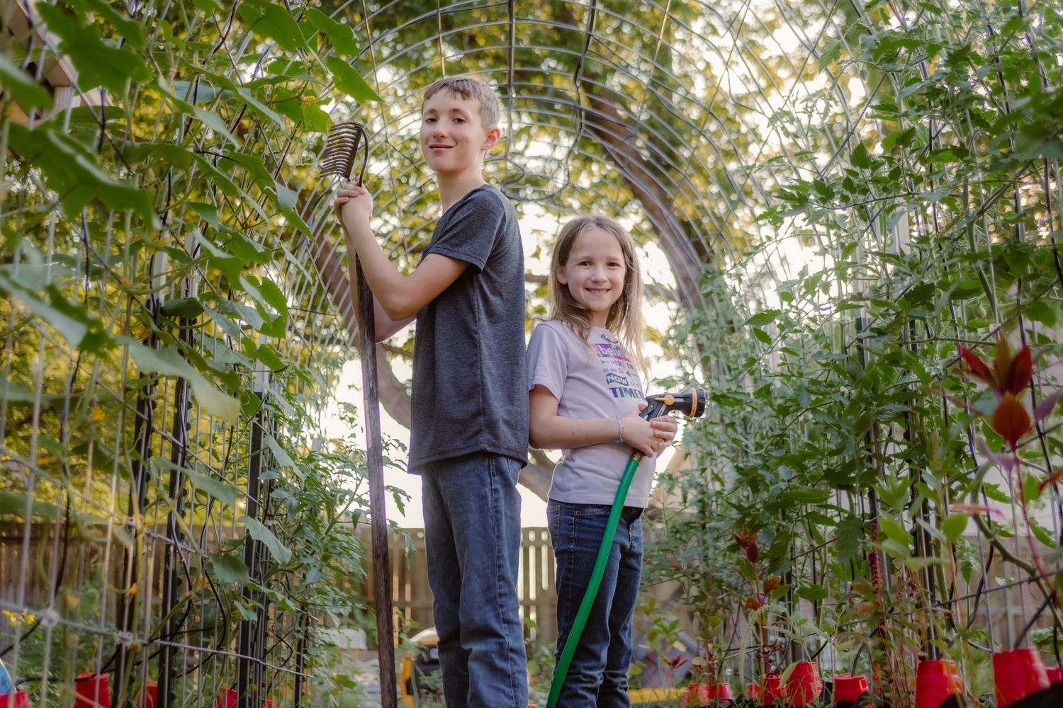 children working in  garden