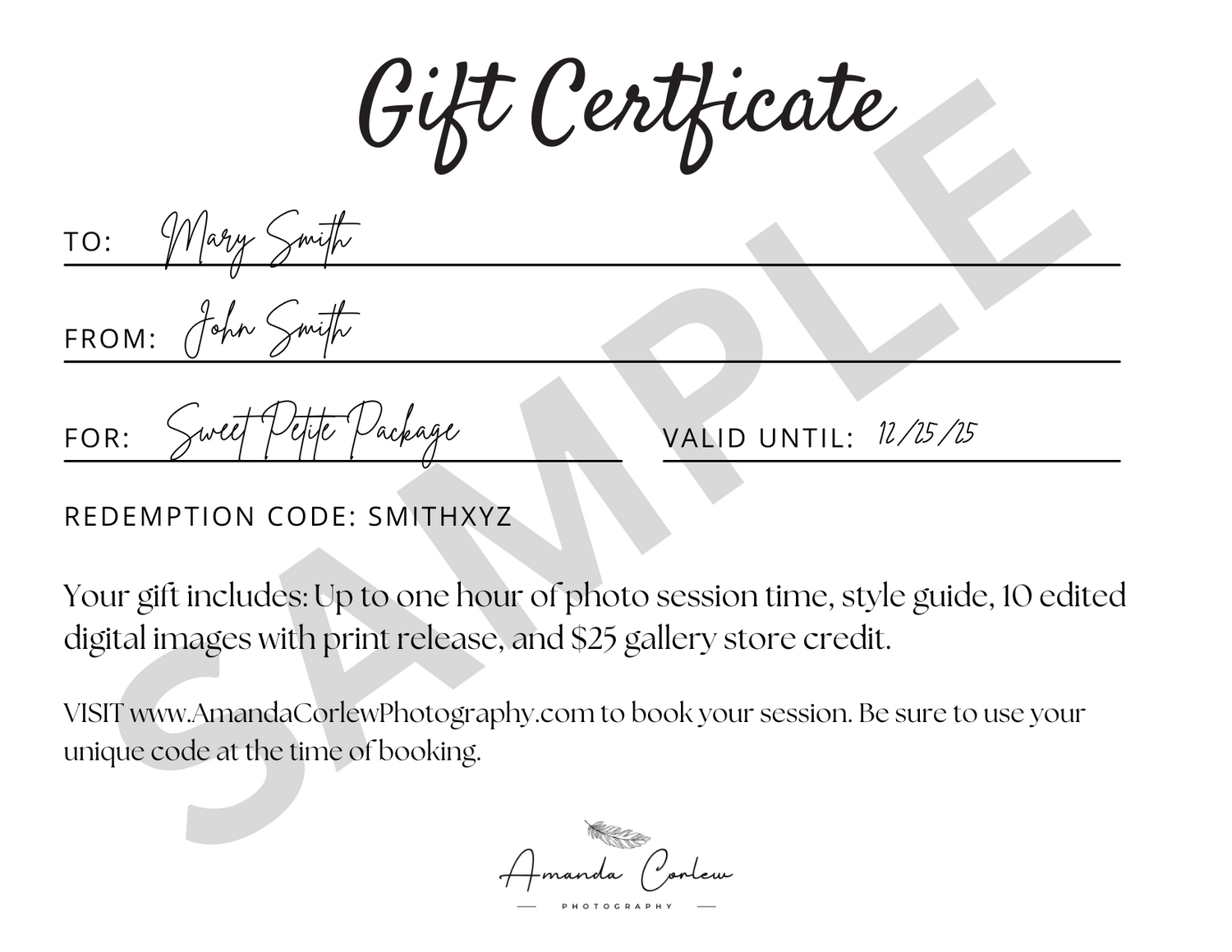 A sample gift certificate template with handwritten details and a signature line on white paper.