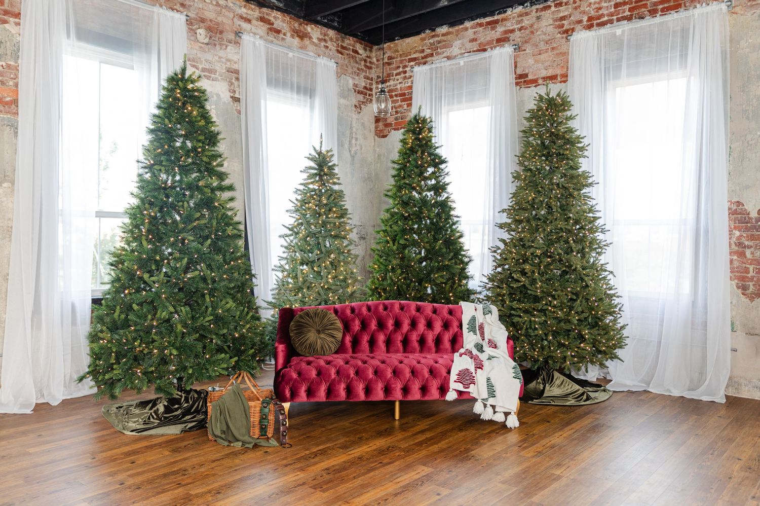 Santa Photos Calhoun GA Red tufted sofa & three tall pre-lit Christmas trees in a bright room with brick walls and hardwood floors.
