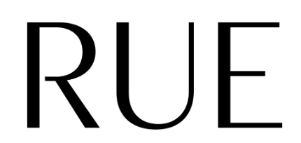 Bold black RUE logo typography on white background, minimalist serif font design for luxury brand identity.