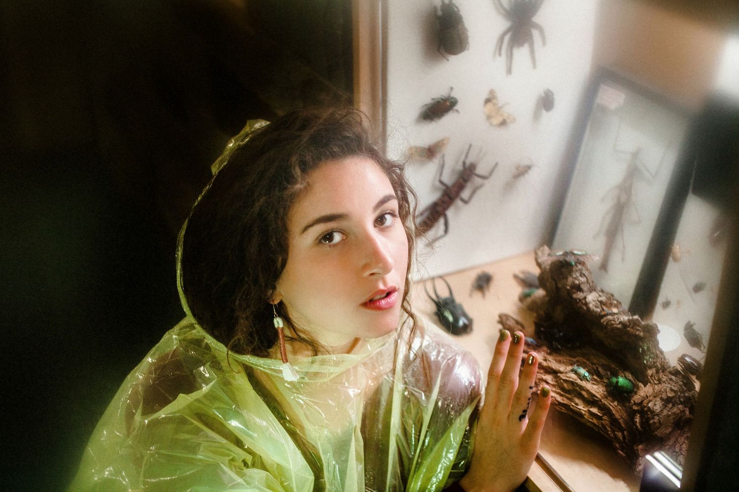 A white woman with curly hair wears hand made brass earrings and a yellow rain poncho and poses in front of a collection of insects.