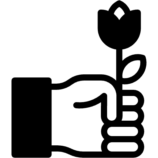 A black and white icon of a hand clasped around a flower  holding it upright,