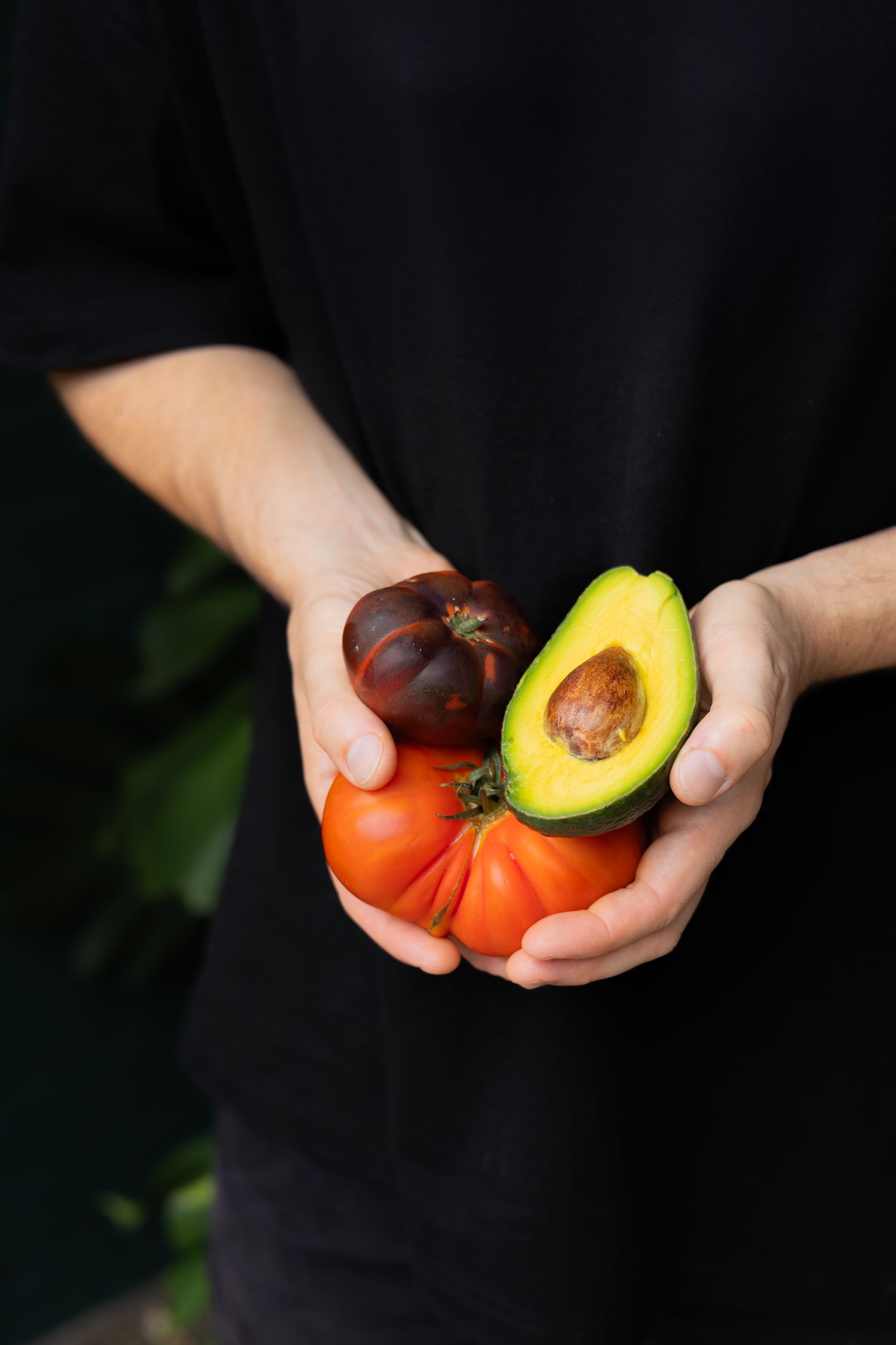 Hands holding fresh produce including a ripe orange tomato, dark purple tomato, and halved avocado against black background.