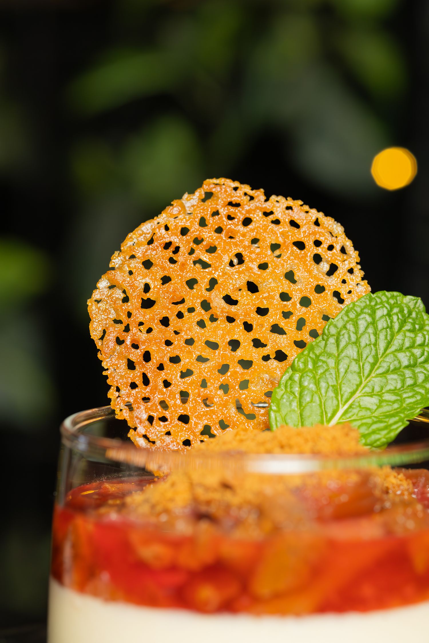 Close-up of delicate lace cookie and mint garnish on layered dessert.