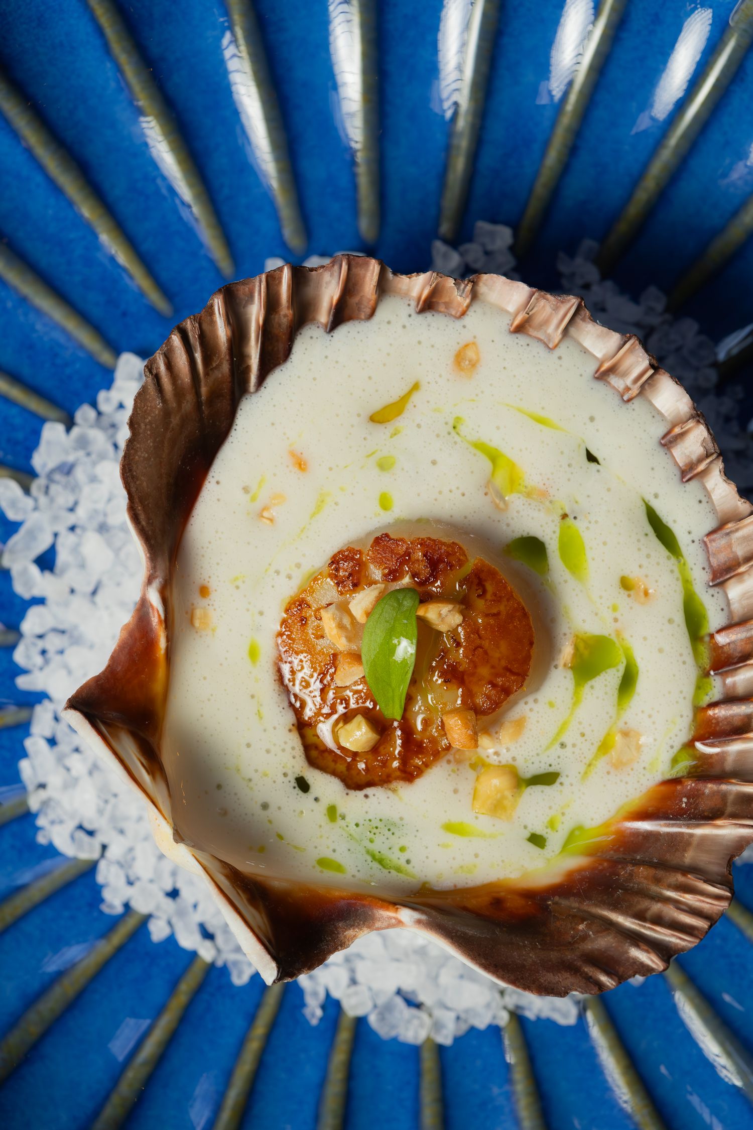 Scallop dish served in shell with cream sauce and garnish on blue patterned plate.