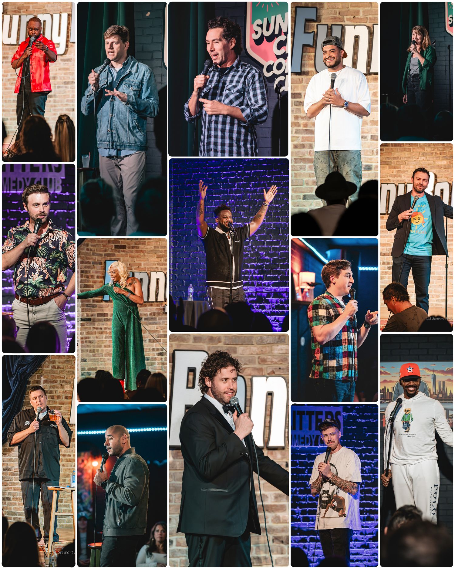 A collage of stand-up comedians performing on stage at a comedy club with brick walls and colorful lighting. Photography, Videography.