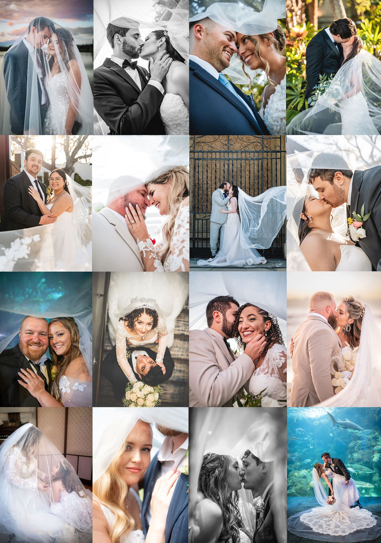 Romantic wedding photo collage showing joyful couples embracing and celebrating their special moments together.