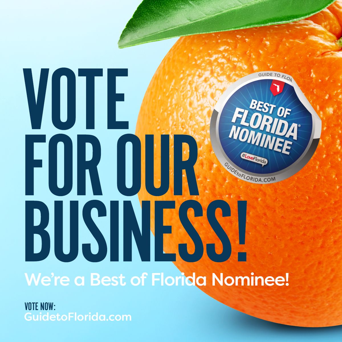 Orange fruits with text overlays promoting business voting and Best of Florida nominee status against light blue background.