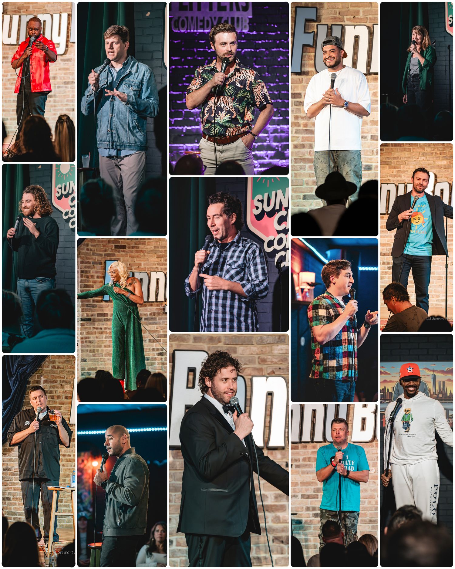 A collage of stand-up comedians performing on stage at a comedy club under colorful spotlights.