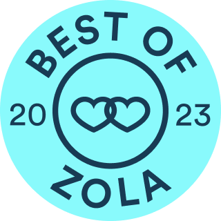 Best of Zola 2023 award badge with interlinked hearts logo on teal background.