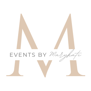 Minimalist logo design featuring a beige capital M with 'Events by Malykate' text overlay on black background.