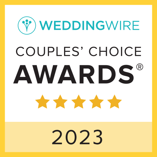 WeddingWire Couples Choice Awards 2023 badge with five gold stars recognizing top wedding professionals.