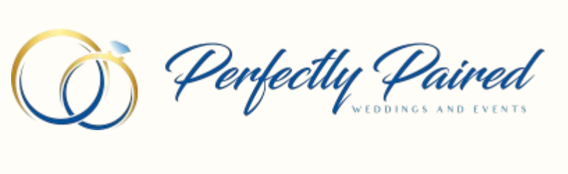 Perfectly Paired Weddings and Events logo featuring elegant gold rings and blue cursive script on a light background.