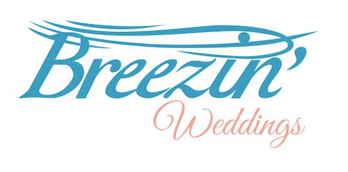 Blue stylized text logo design for Breezin' Weddings with flowing lines and coral pink accent.