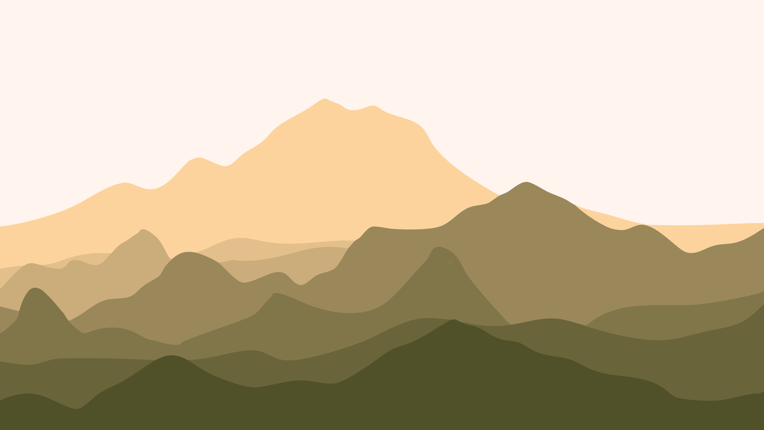A minimalist landscape illustration showing silhouettes of mountains in earthy tones against a peachy sky at sunset.