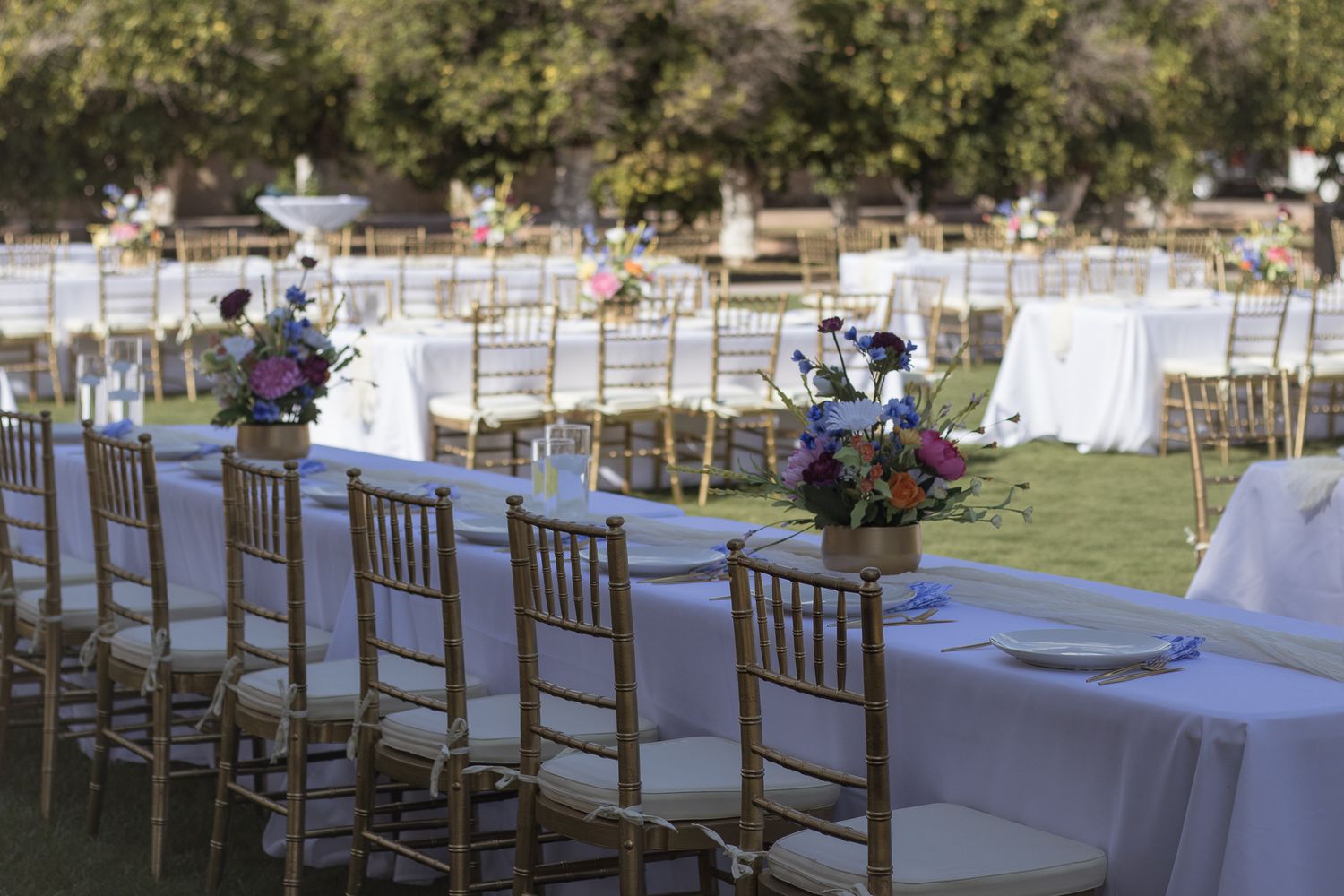 Outdoor wedding reception with long white tables, gold chiavari chairs, and colorful floral centerpieces.