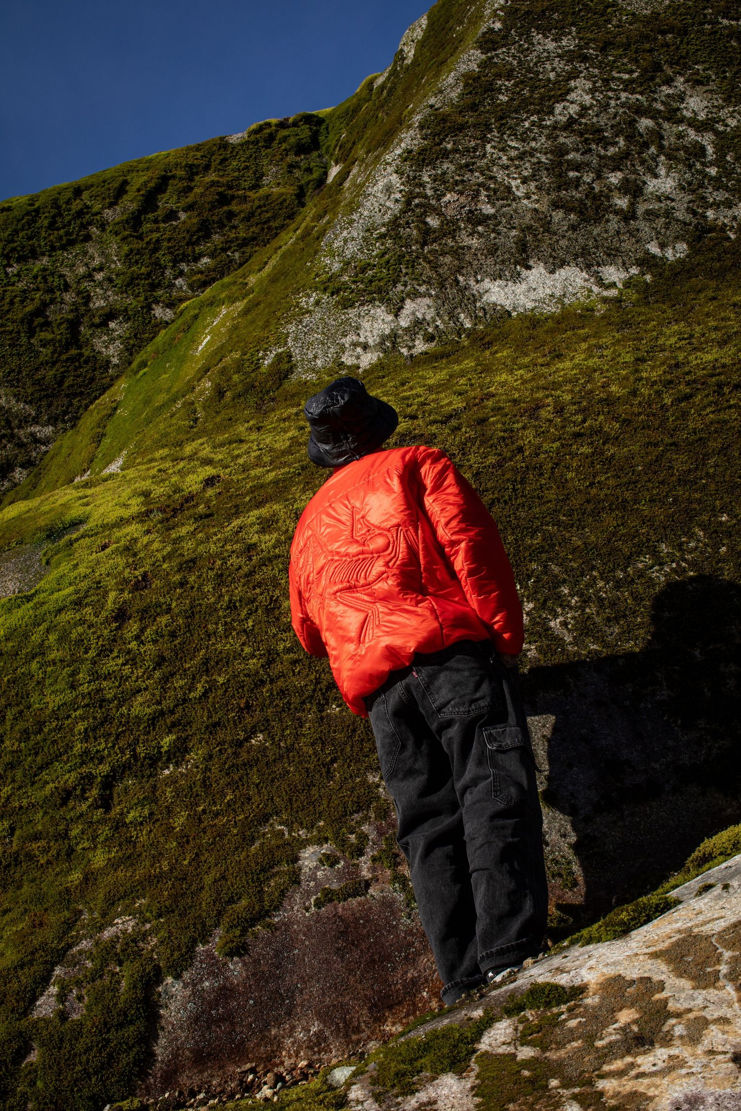 Hiker in red puffer jacket standing on mossy green mountain terrain under blue sky.
