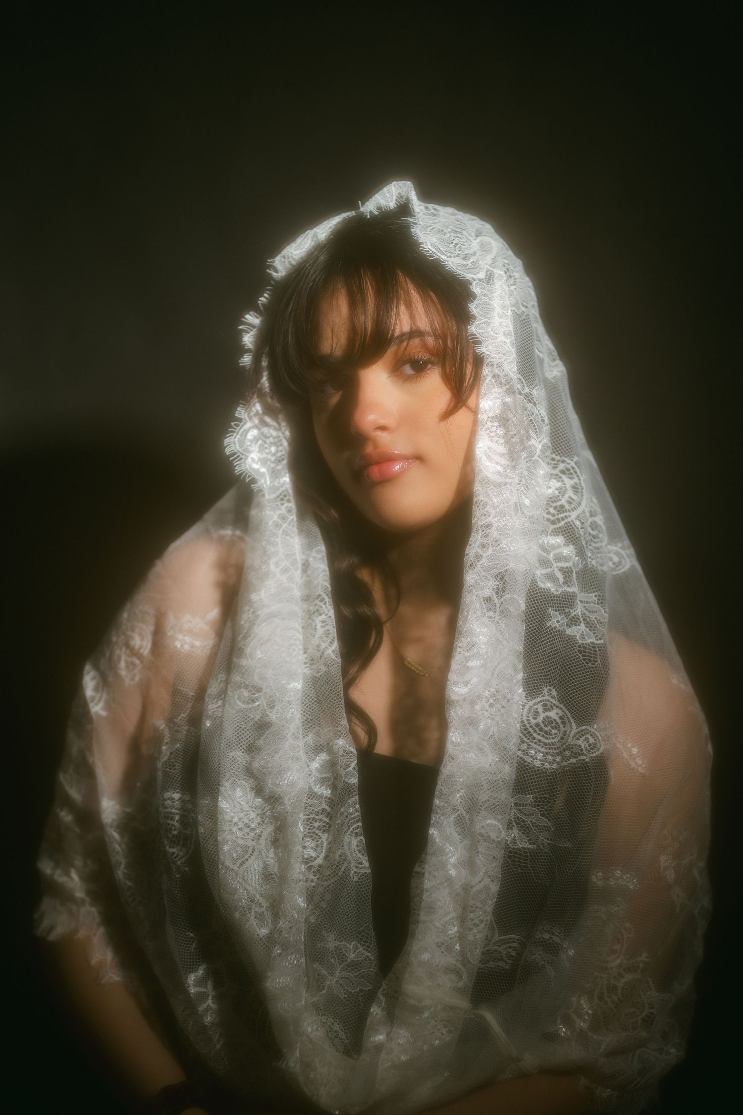 Moody portrait of woman draped in white lace veil against dark background.