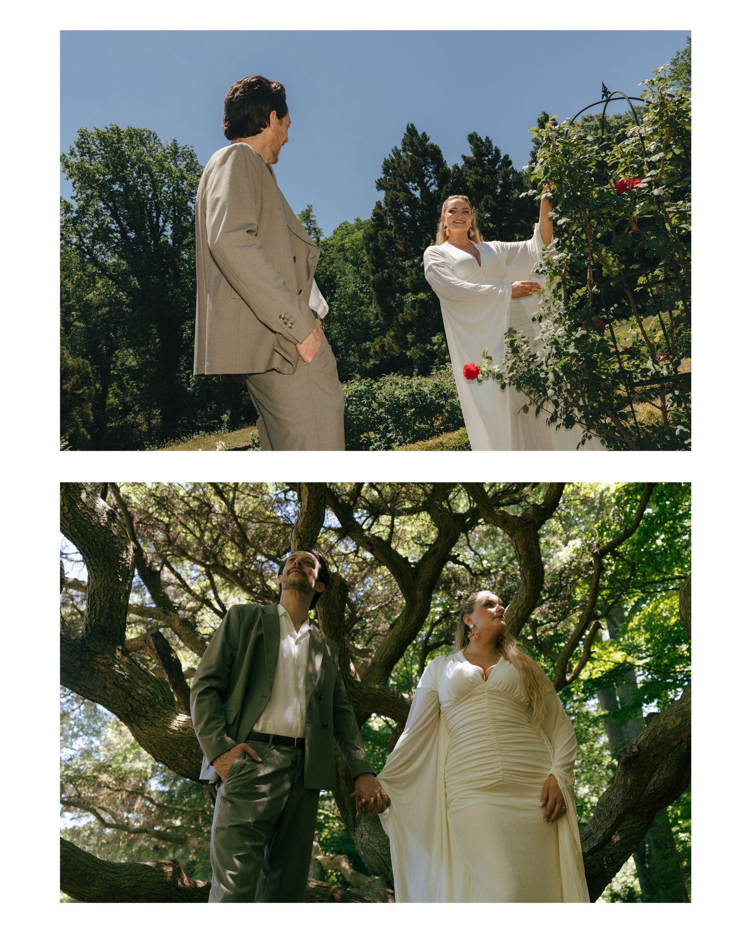 Couple in wedding attire posing in a lush garden, wearing white dress and beige suit among green trees.