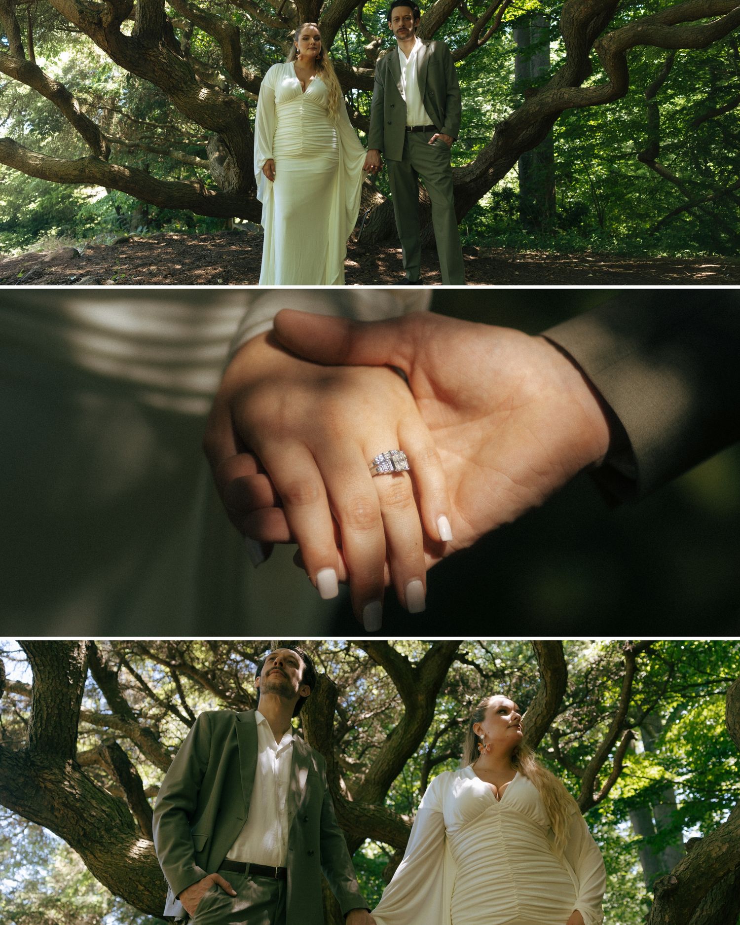 Couple in wedding attire holding hands showing diamond engagement ring under large oak trees in lush green forest.
