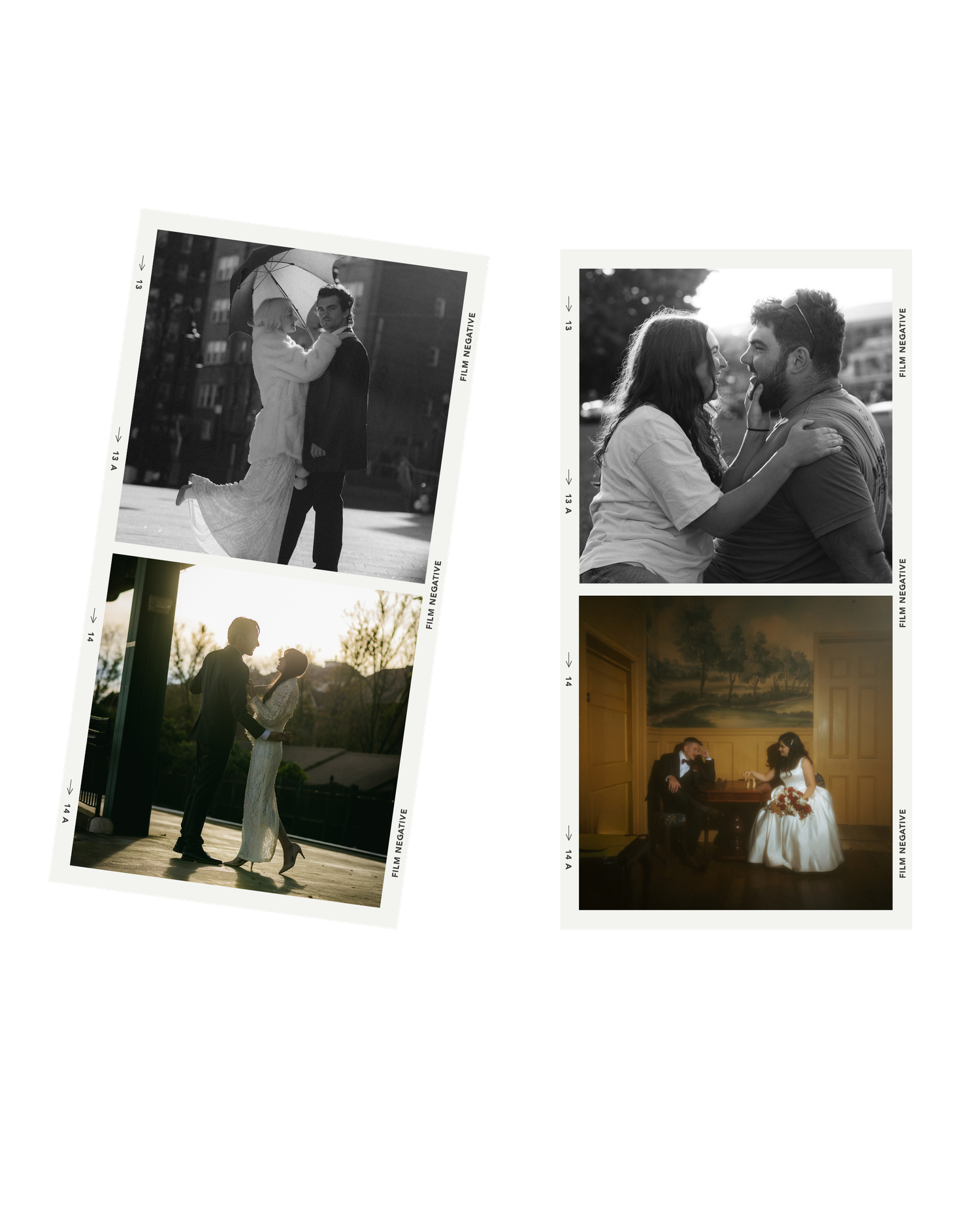 Four romantic couple photos in film style, featuring black-and-white and warm-toned shots of intimate wedding moments.