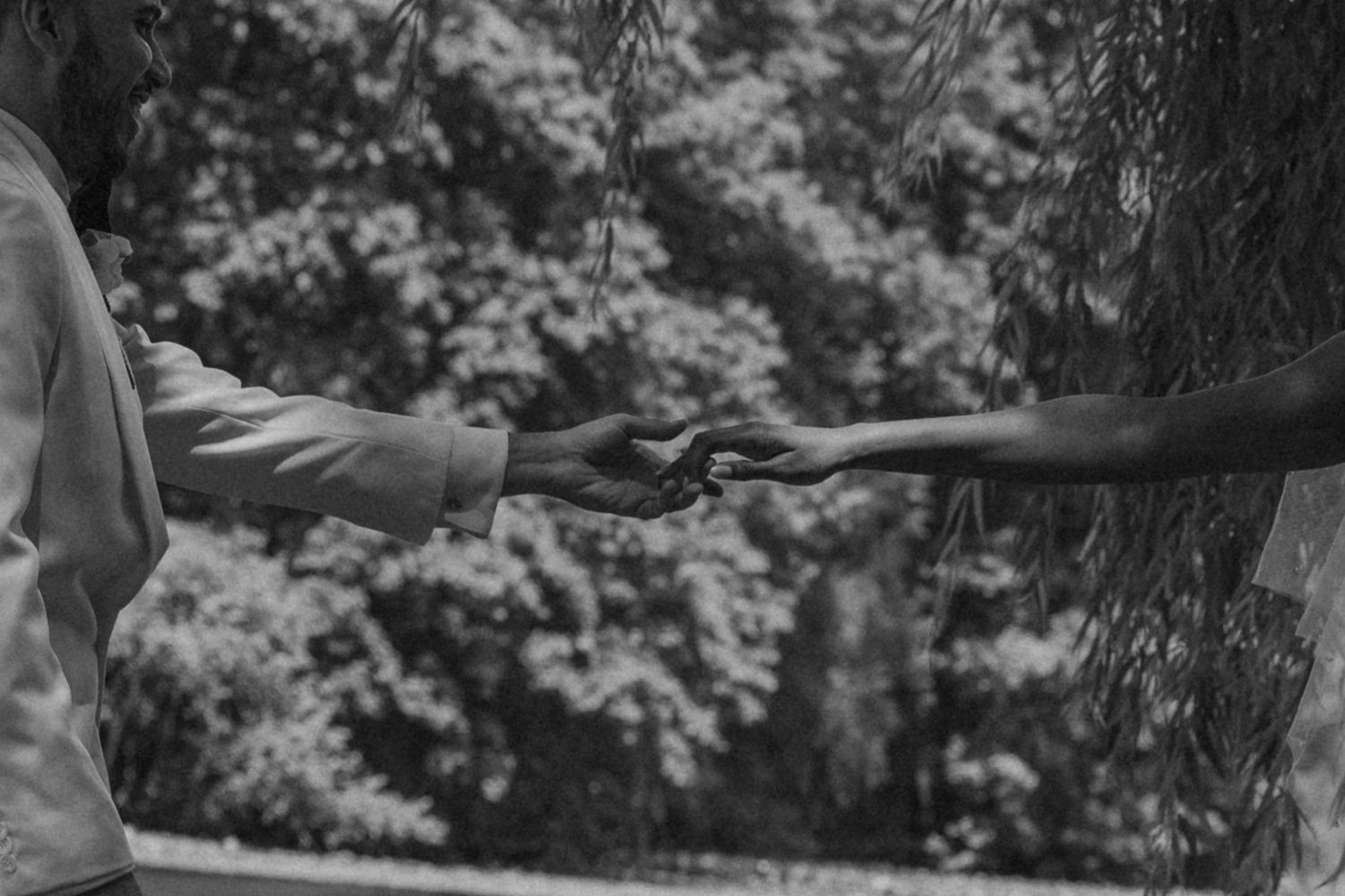 Black and white photo of two people reaching out to hold hands outdoors with lush trees in the background.