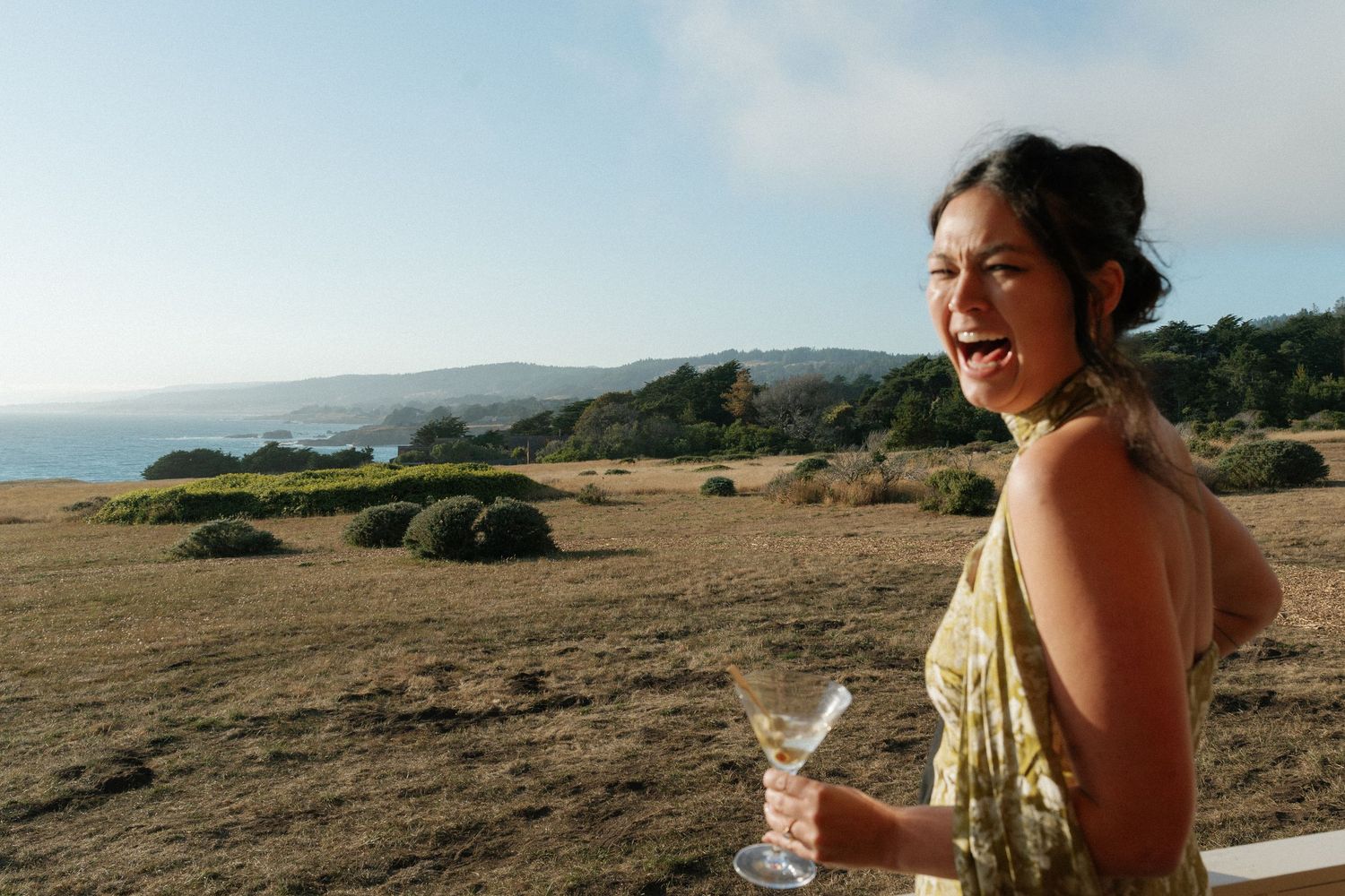 Wedding celebration with champagne toasts against a scenic coastal backdrop.